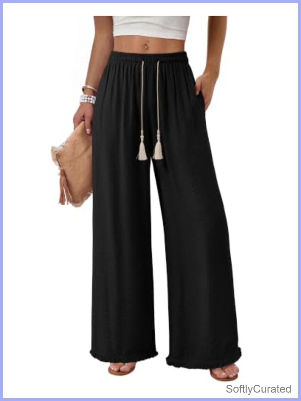 Women's Wide Leg Linen Palazzo Pants Elastic Waist Fringe Tassel Pocket